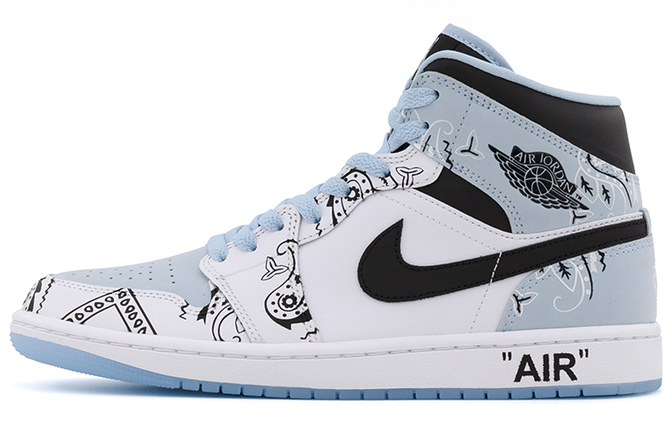 Buy [Zapatos Personalizados] Air Jordan 1 Mid 'Flor de Anacardo Asimétrica' DV1308-104(Team肆-男款白蓝鸳鸯腰果花A)