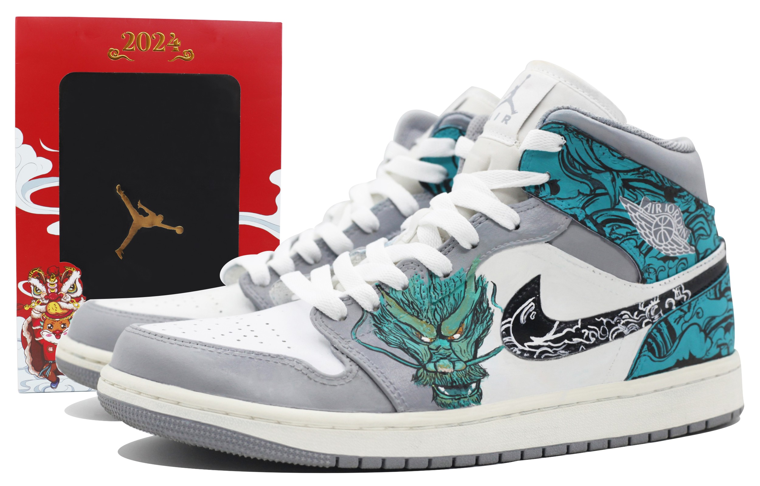 Buy 【客製球鞋】Jordan Air Jordan 1 龍年限定 青龍 國風潮流 防滑耐磨輕便 中幫 復古籃球鞋 男款 灰藍