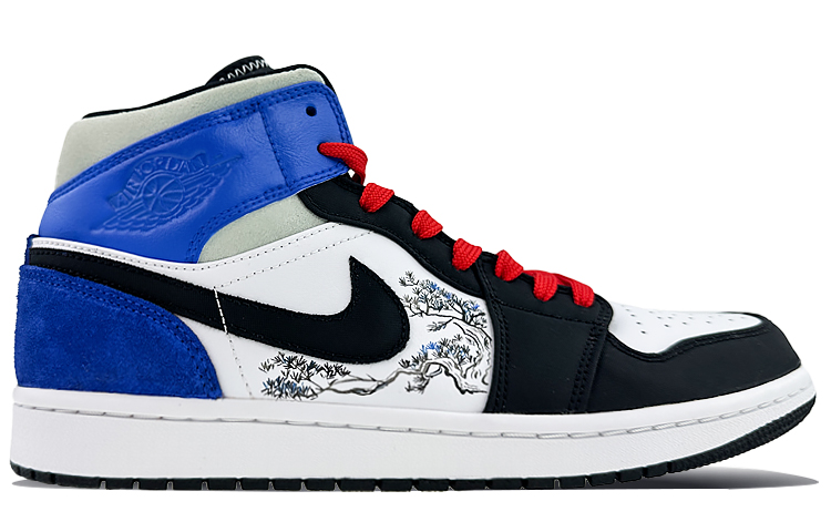 Lookbook 【訂製球鞋】 Jordan Air Jordan 1 1 Mid 球場精靈 梅花松樹 鴛鴦鞋 中筒 復古籃球鞋 男款 白紅藍