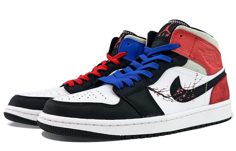Shop 【訂製球鞋】 Jordan Air Jordan 1 1 Mid 球場精靈 梅花松樹 鴛鴦鞋 中筒 復古籃球鞋 男款 白紅藍