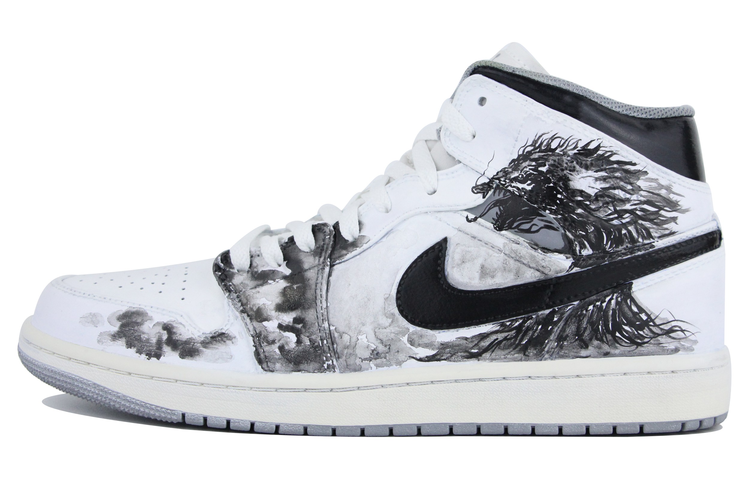 Order [Kasut Custom] Air Jordan 1 Mid 'Hitam Putih' 554724-135(Team39-AMY65蛟龙)