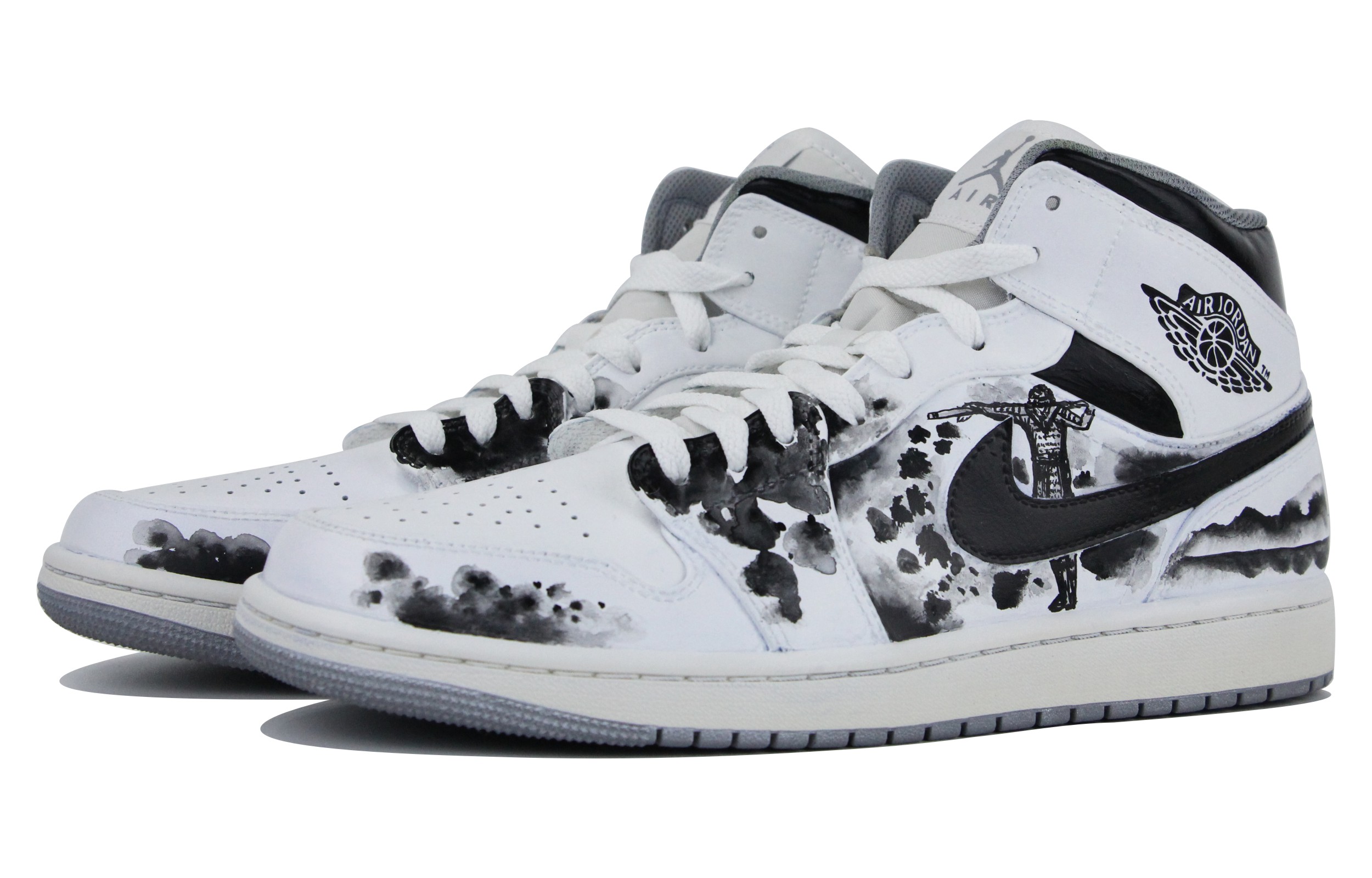 Lookbook [Kasut Kastam] Air Jordan 1 Mid 'Hitam Putih' 554724-135(Team39-AMY57至尊宝)