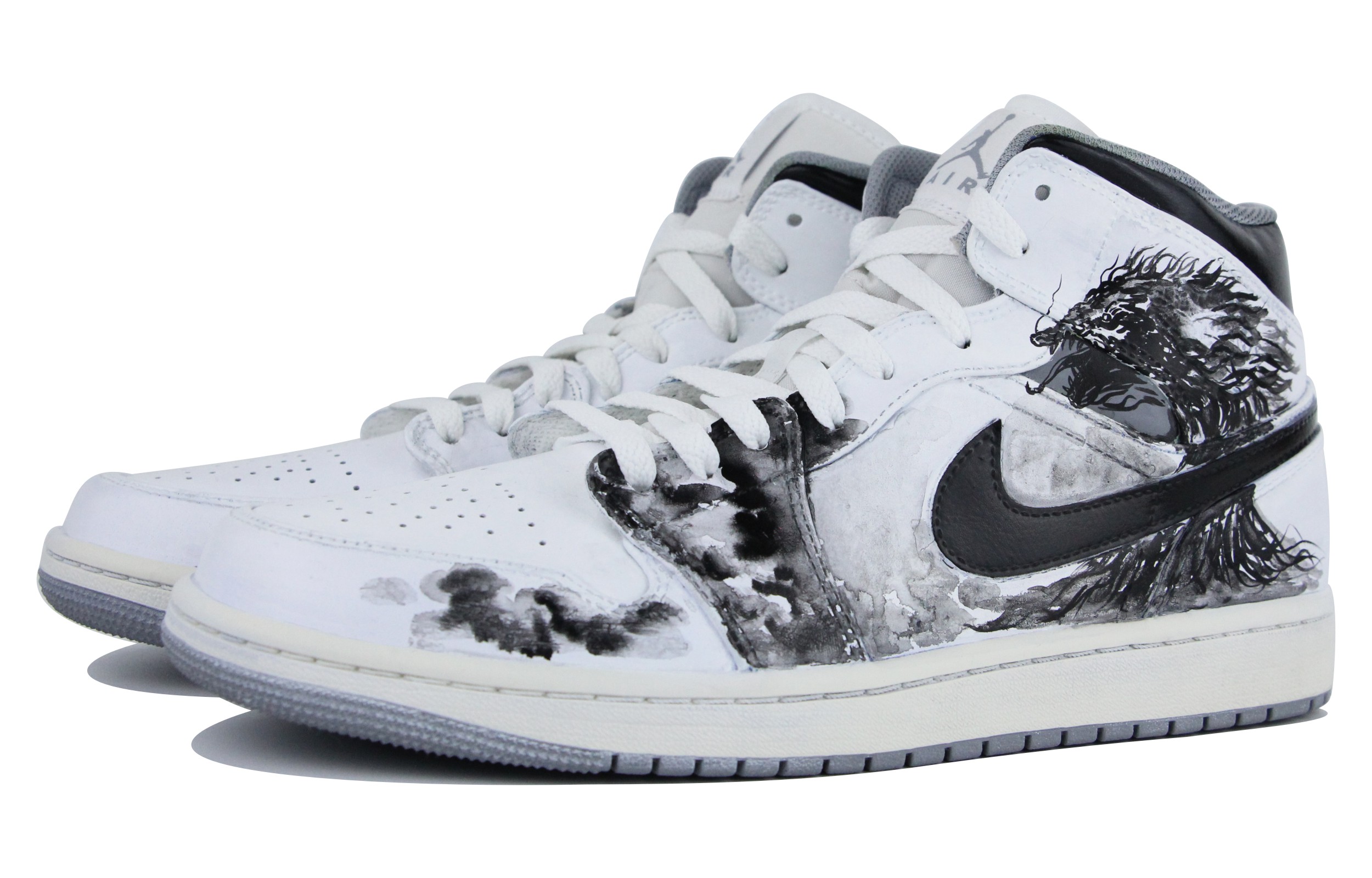 Shop [Kasut Custom] Air Jordan 1 Mid 'Hitam Putih' 554724-135(Team39-AMY65蛟龙)