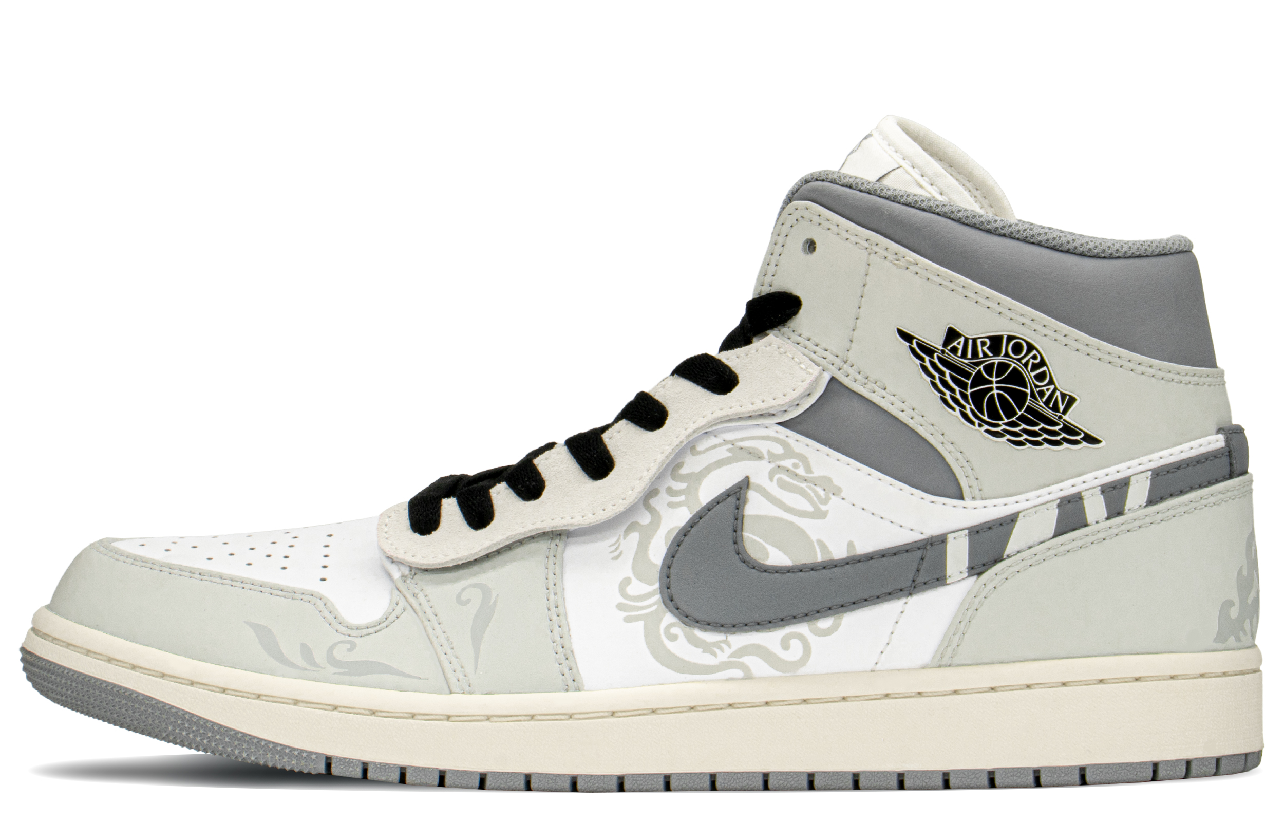 Buy 커스텀 에어 조던 1 미드 '블랙 화이트 그레이' 554724-135(TeamA-AJ男龙纹斑马S-BOX)