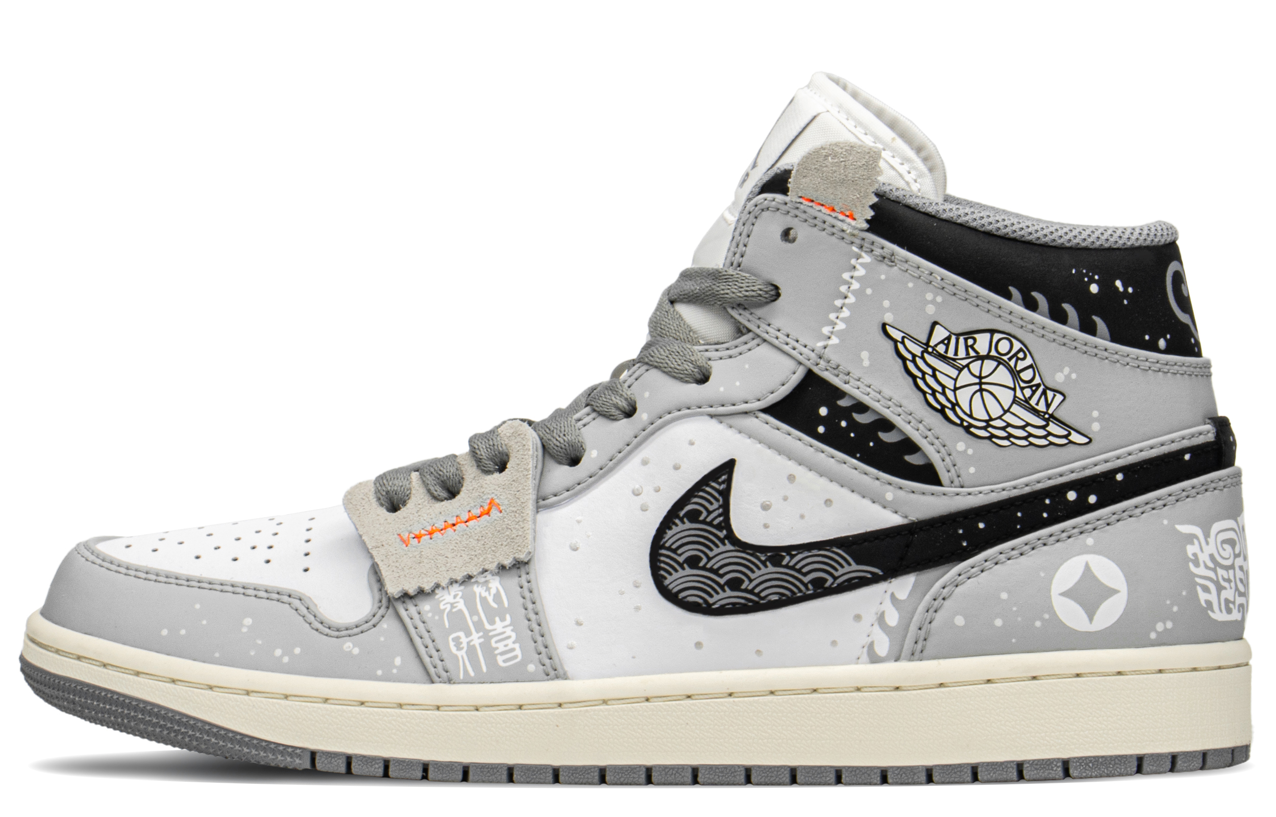 Buy [Kasut Custom] Air Jordan 1 Mid 'Hitam Putih Kelabu' 554724-135(TeamA-貔貅恭喜发财)