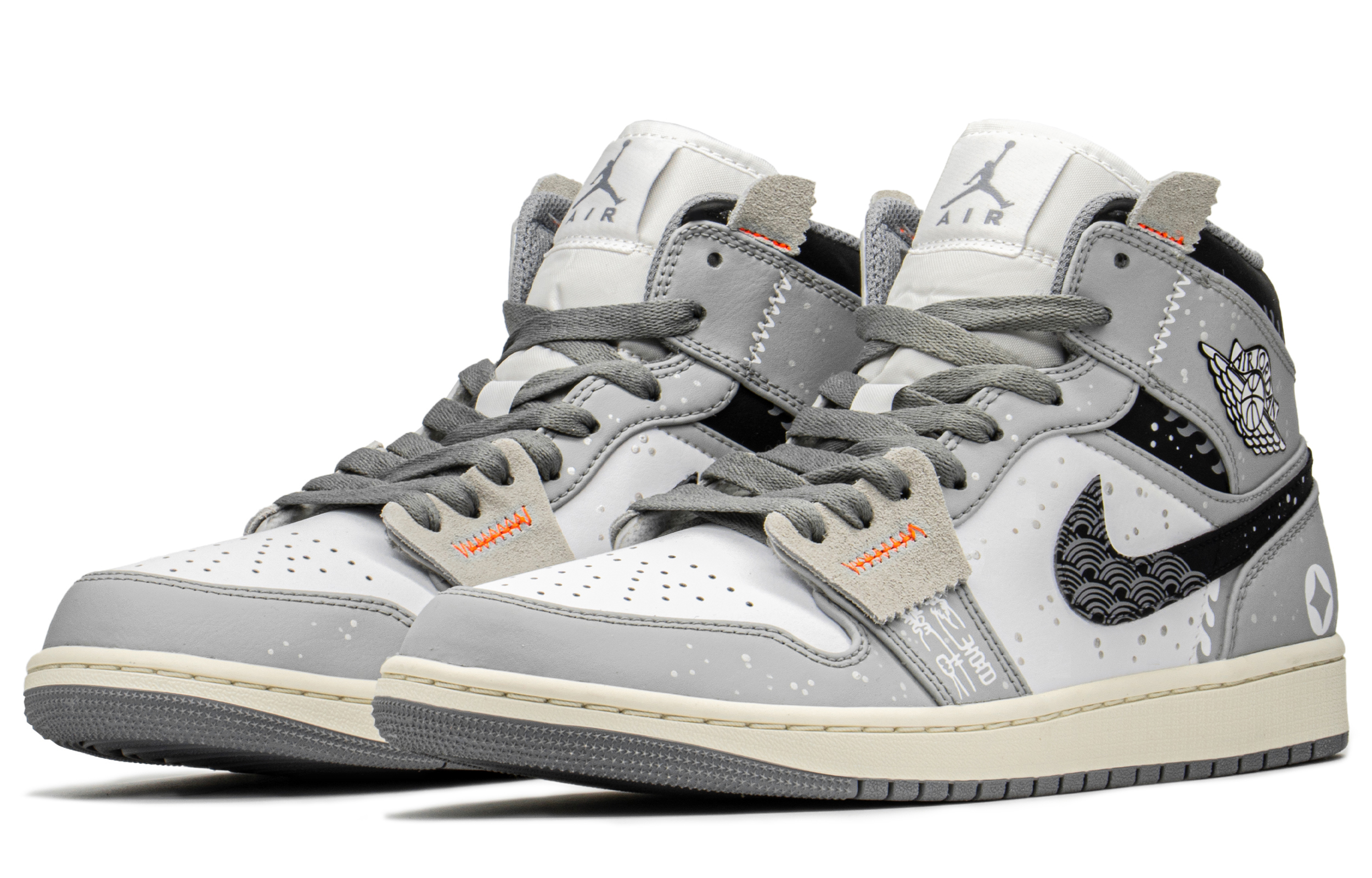 Lookbook [Kasut Custom] Air Jordan 1 Mid 'Hitam Putih Kelabu' 554724-135(TeamA-貔貅恭喜发财)