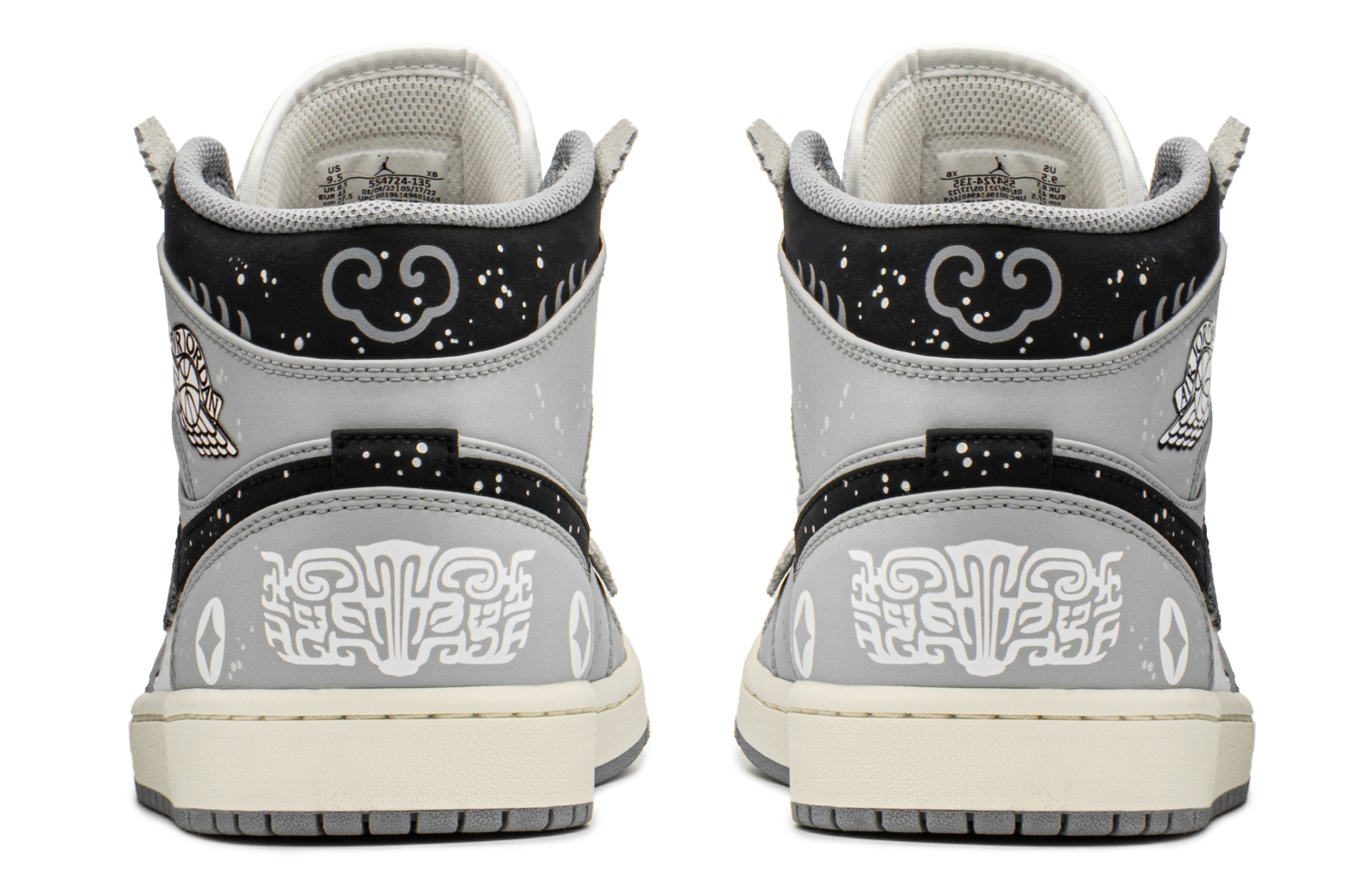 Shop [Kasut Custom] Air Jordan 1 Mid 'Hitam Putih Kelabu' 554724-135(TeamA-貔貅恭喜发财)