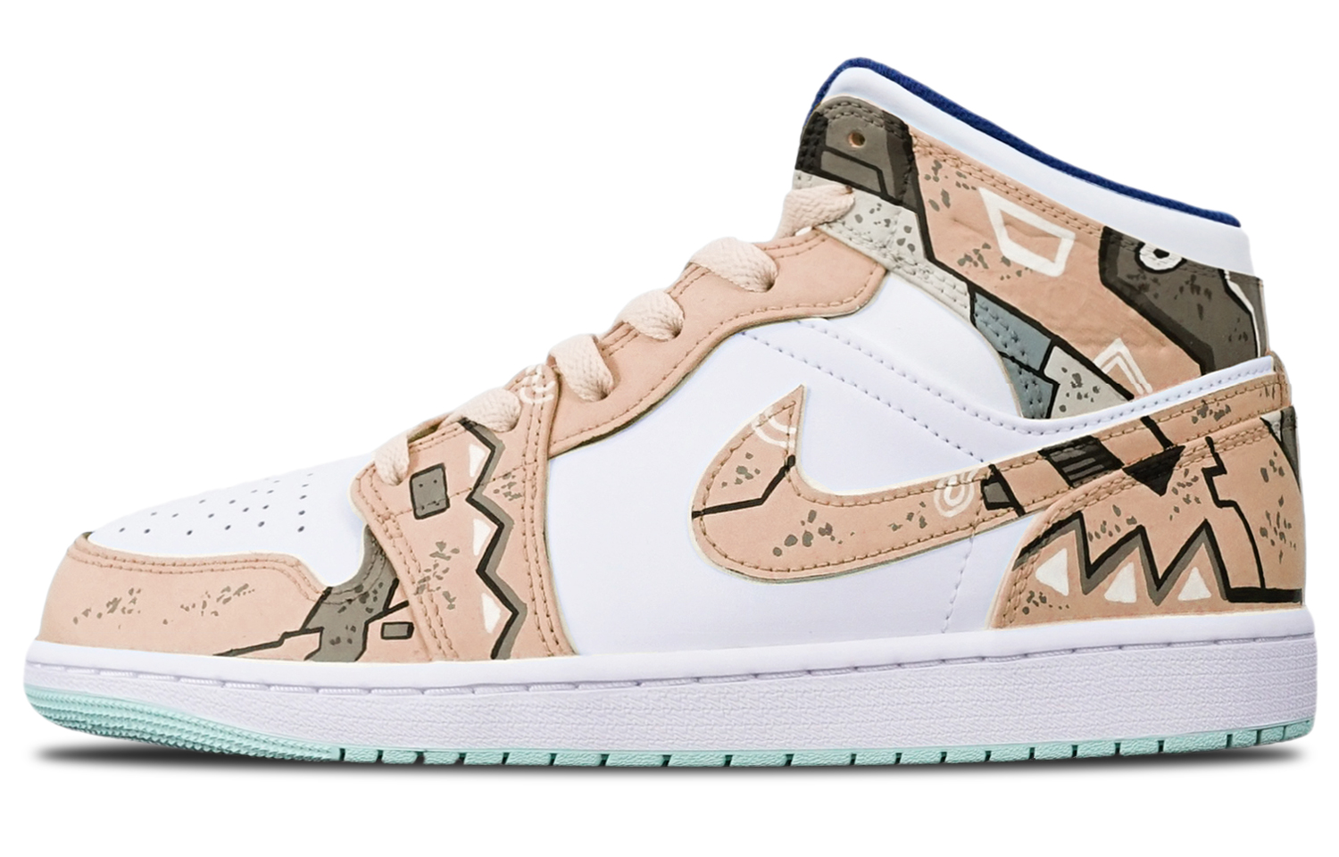 Buy 【定制球鞋】Jordan Air Jordan 1 Mid "Blue Mint" 戰損 三角機械 賽博朋克風 限量特殊鞋盒 中幫 復古籃球鞋 GS 卡其白