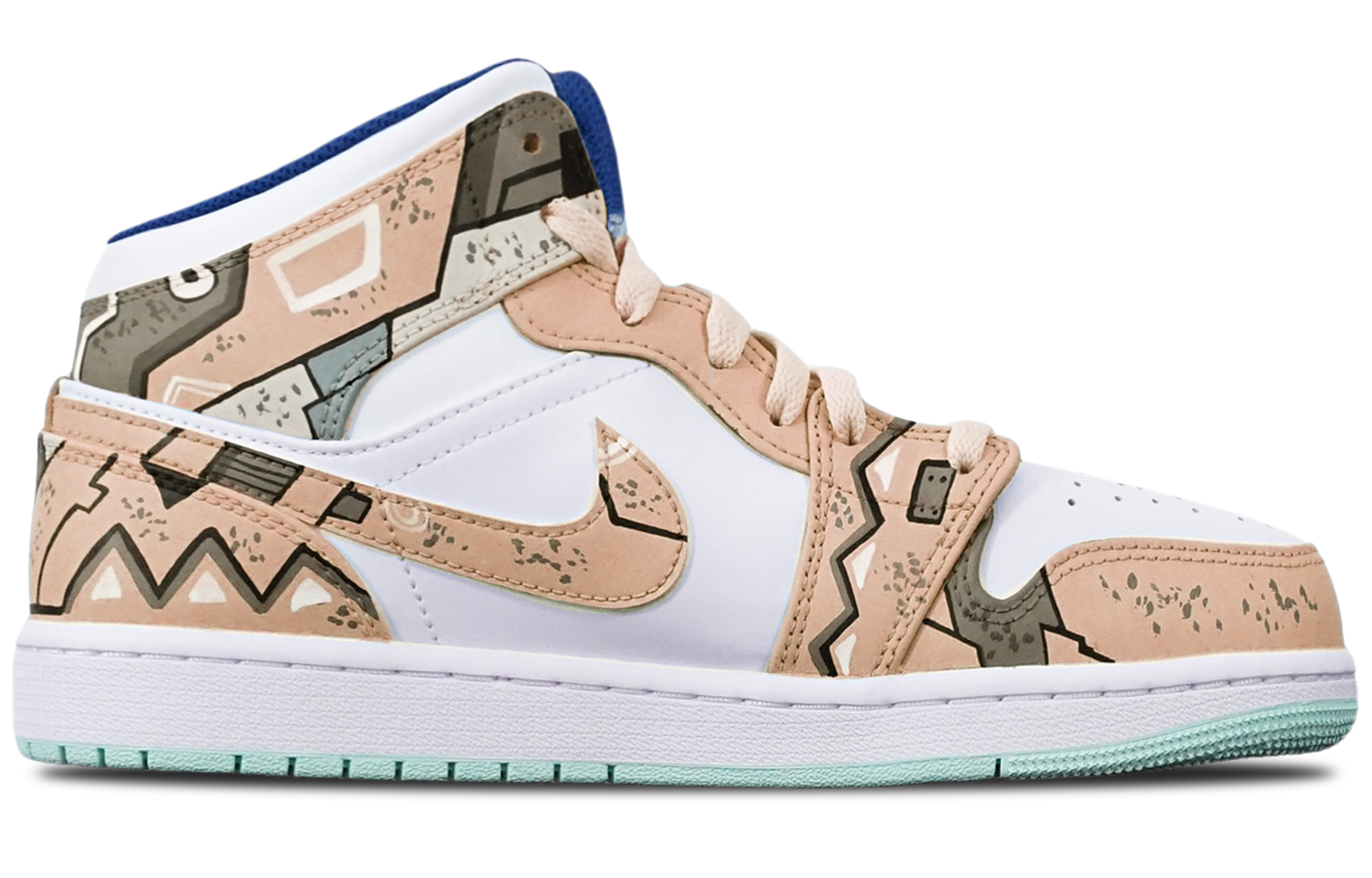 Order 【定制球鞋】Jordan Air Jordan 1 Mid "Blue Mint" 戰損 三角機械 賽博朋克風 限量特殊鞋盒 中幫 復古籃球鞋 GS 卡其白