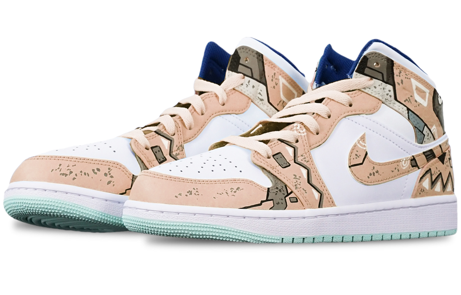 Lookbook 【定制球鞋】Jordan Air Jordan 1 Mid "Blue Mint" 戰損 三角機械 賽博朋克風 限量特殊鞋盒 中幫 復古籃球鞋 GS 卡其白