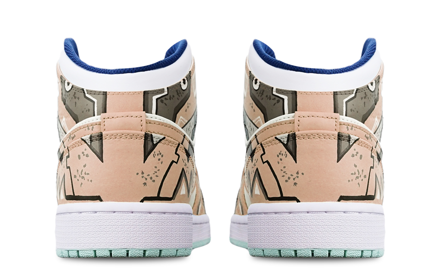 Shop 【定制球鞋】Jordan Air Jordan 1 Mid "Blue Mint" 戰損 三角機械 賽博朋克風 限量特殊鞋盒 中幫 復古籃球鞋 GS 卡其白