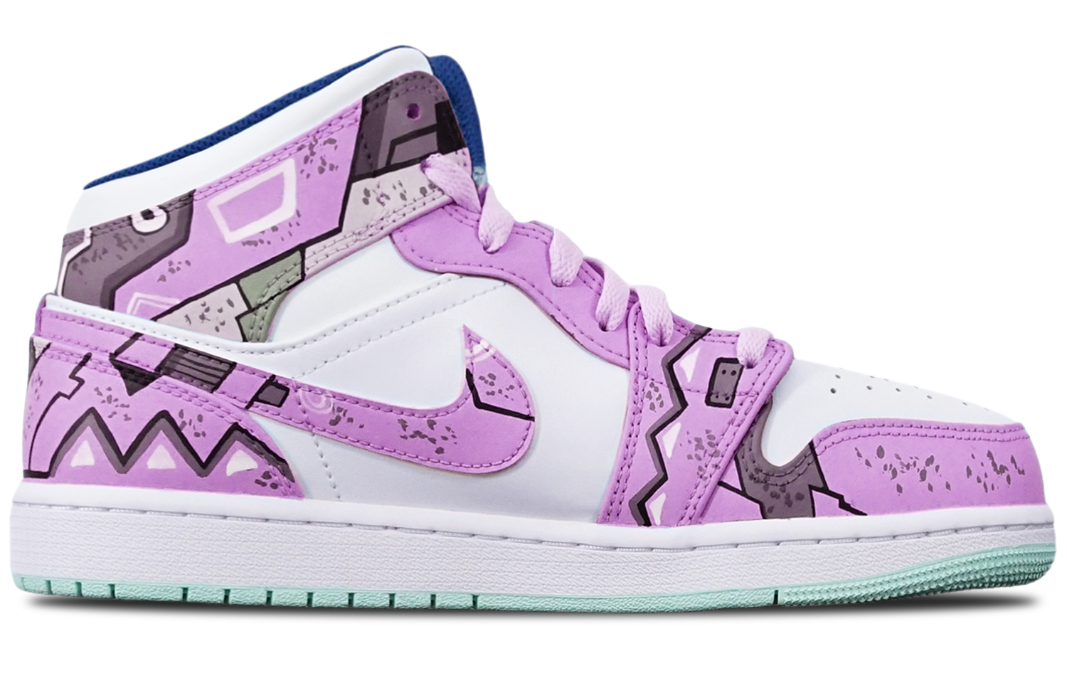 Order [Zapatillas Personalizadas] Air Jordan 1 Mid 'Blue Mint Cyberpunk' 554725-413(TeamT-三角紫红白女S-BOX)