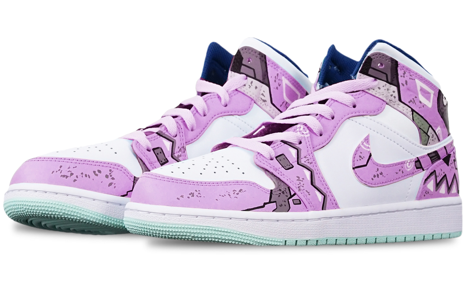 Lookbook [Zapatillas Personalizadas] Air Jordan 1 Mid 'Blue Mint Cyberpunk' 554725-413(TeamT-三角紫红白女S-BOX)