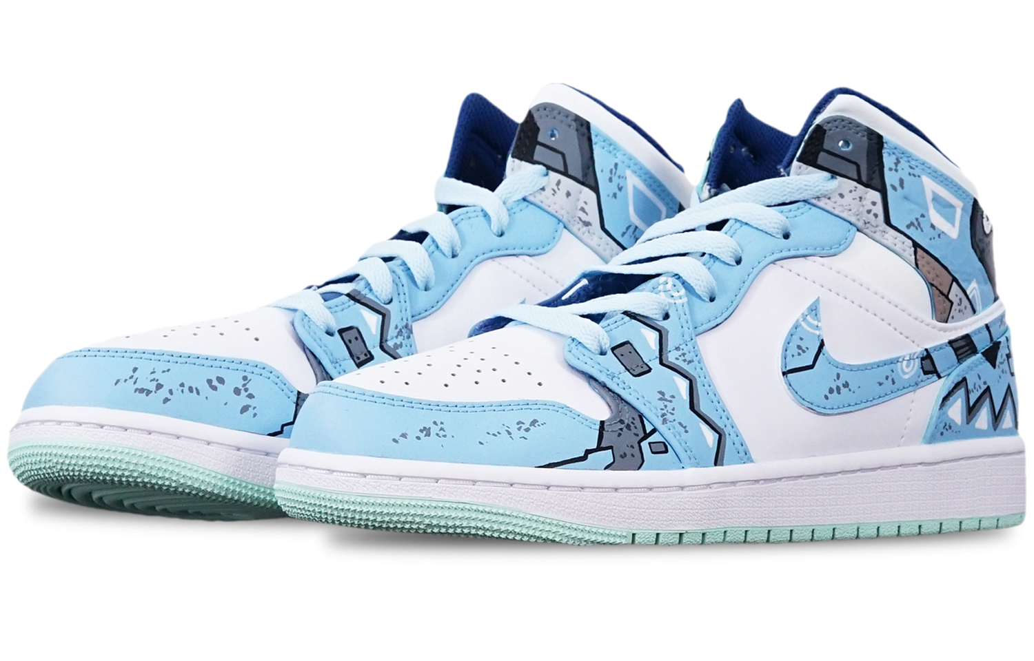 Lookbook 【定制鞋款】Air Jordan 1 Mid '蓝薄荷赛博朋克' 554725-413(TeamT-三角雾霾蓝女S-BOX)