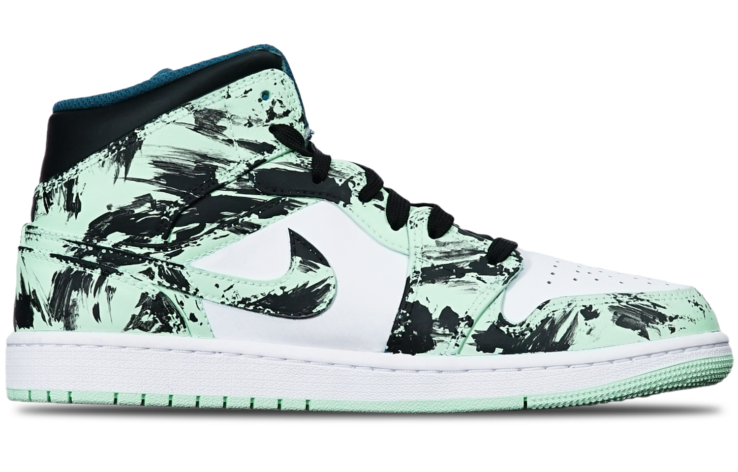 Order 【定制球鞋】 Jordan Air Jordan 1 Mid 藍薄荷 國潮水墨染中國風 限量特殊鞋盒 中幫 復古籃球鞋 GS 黑白綠