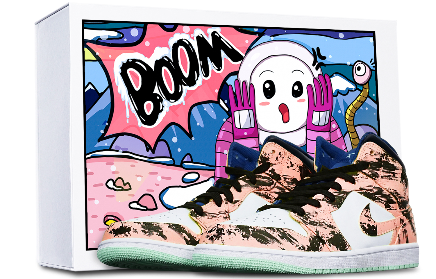 Buy [Sepatu Custom] Air Jordan 1 Mid 'Biru Mint Tinta Celup' 554725-413(TeamT-水墨染黑白橙女S-BOX)