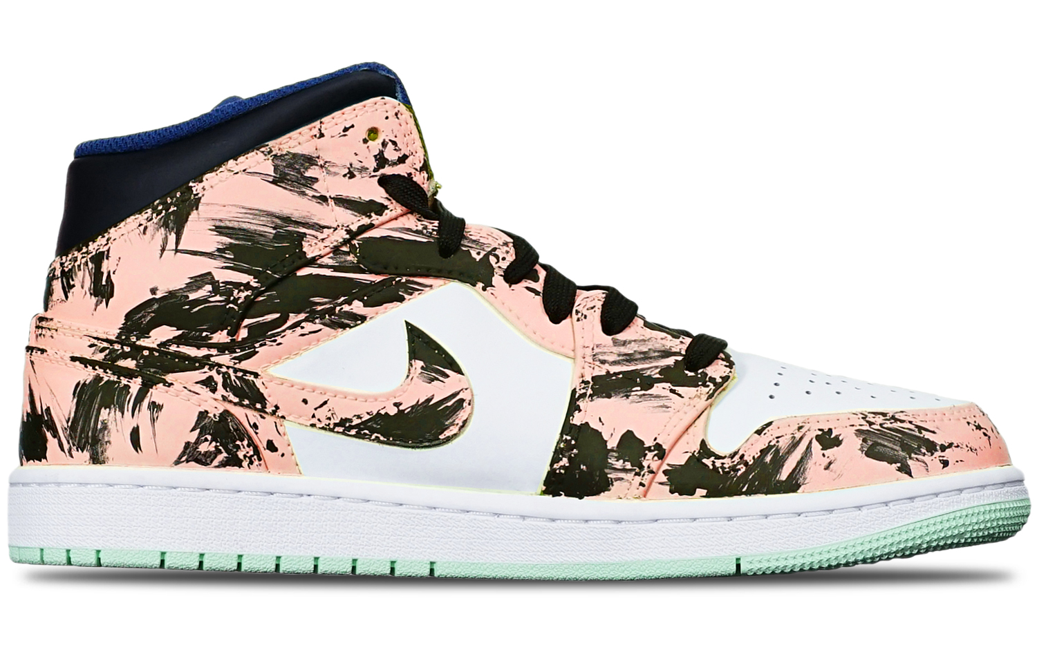 Shop [Sepatu Custom] Air Jordan 1 Mid 'Biru Mint Tinta Celup' 554725-413(TeamT-水墨染黑白橙女S-BOX)