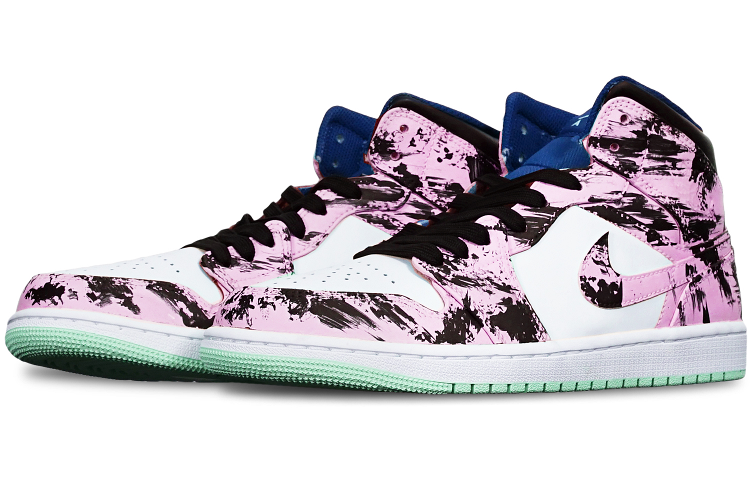 Order 【定製球鞋】 Jordan Air Jordan 1 Mid 藍薄荷 國潮水墨染中國風 手繪 限量特殊鞋盒 復古籃球鞋 男款 黑白紅