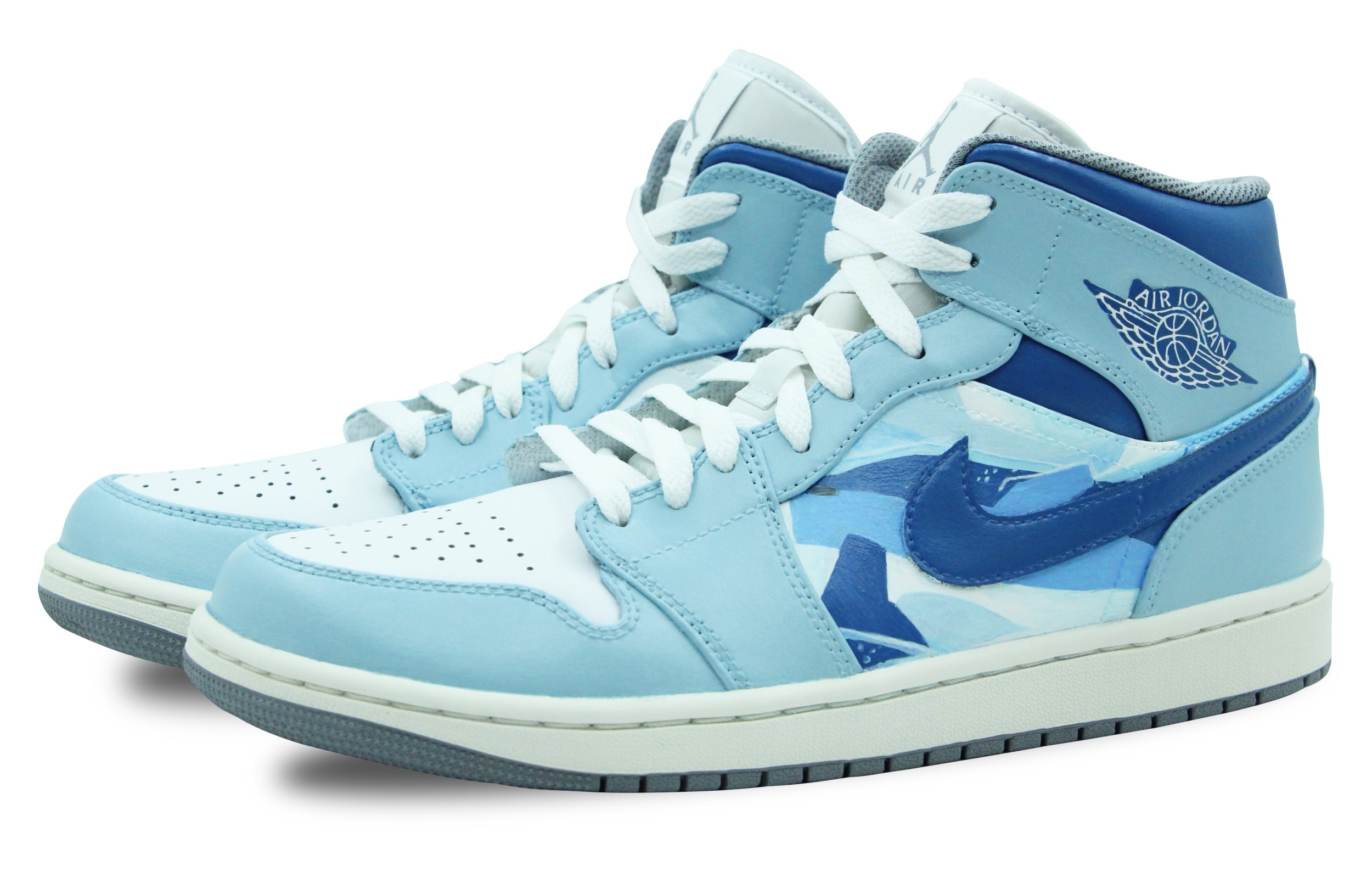 Shop [Sepatu Custom] Air Jordan 1 Mid 'Biru Putih' 554724-135(Team39-AMY90鲸)