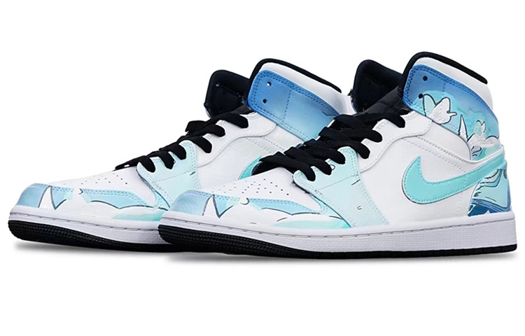 Lookbook [Kasut Kastam] Air Jordan 1 Mid 'Biru Putih Gaming' 554724-132(Teamone-AJ男款逍遥)