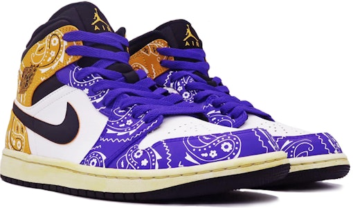 【定制球鞋】 Jordan Air Jordan 1 Mid 做舊 腰果花 街頭 嘻哈 中幫 復古籃球鞋 GS 紫黃 Lookbook 【定制球鞋】 Jordan Air Jordan 1 Mid 做舊 腰果花 街頭 嘻哈 中幫 復古籃球鞋 GS 紫黃
