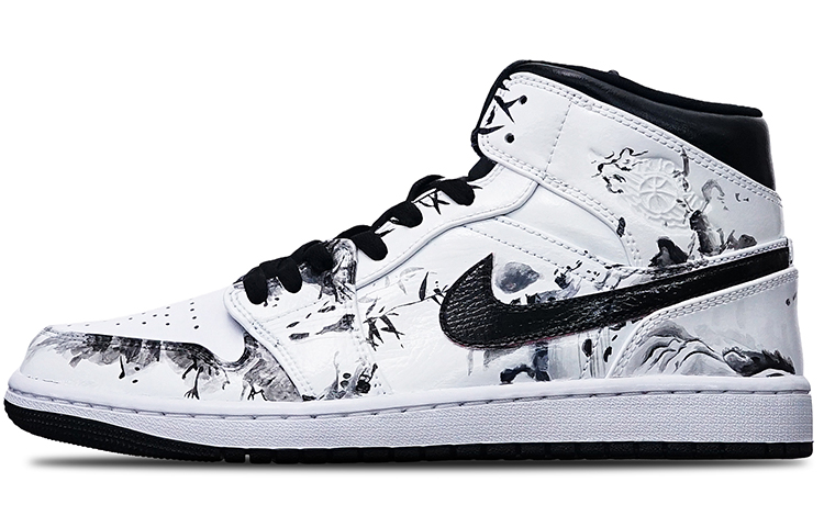 Buy [Sepatu Kustom] Air Jordan 1 Mid 'Tinta Cina Bambu' 554724-075(Teamone-男款水墨竹叶黑白灰Z)