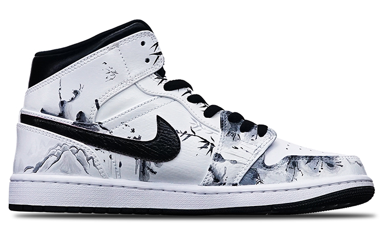 Order [Sepatu Kustom] Air Jordan 1 Mid 'Tinta Cina Bambu' 554724-075(Teamone-男款水墨竹叶黑白灰Z)