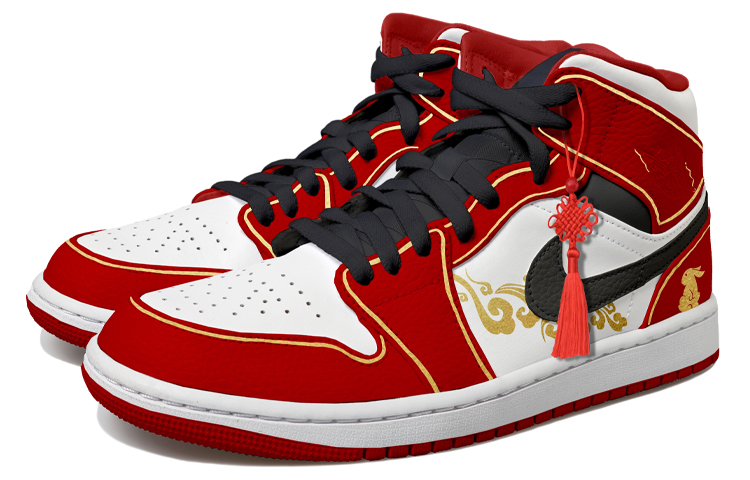 Shop [Sepatu Custom] Air Jordan 1 Mid 'Kuncir Cina Merah Putih' 554724-074(Team拾玖-白红中国结男S-BOX)