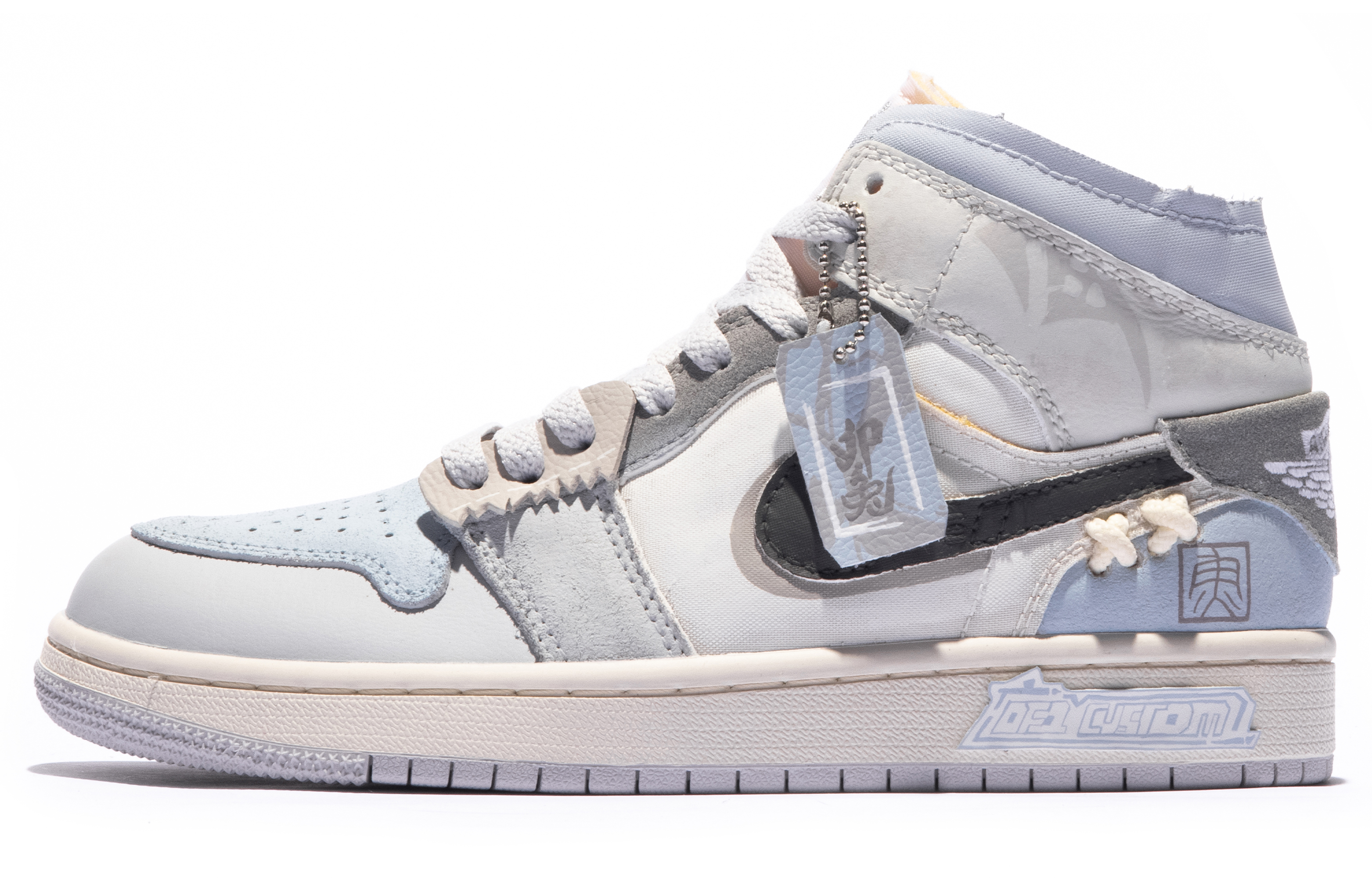 Order 【訂製球鞋】 Jordan Air Jordan 1 Mid 特殊鞋盒 清風煙雨 印章 縫線 中國風 中幫 復古籃球鞋 男款 灰藍