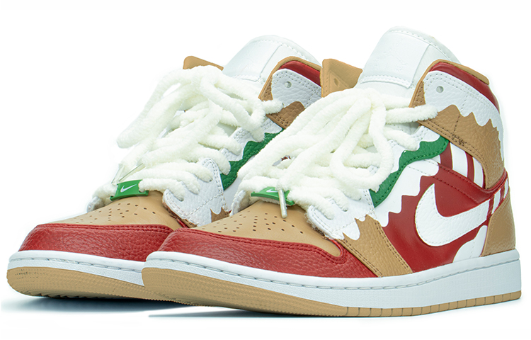 Lookbook [Kasut Kastam] Air Jordan 1 Mid 'Krismas Kartun Gula-gula Salji' 554724-271(TeamA-AJ1卡其圣诞红白)