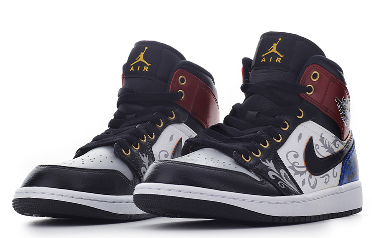 Shop 【定制球鞋】 Jordan Air Jordan 1 Mid 虎年定制 CNY 國風禮盒 二次元花紋 國風紋路 銅扣 警燈 中幫 復古籃球鞋 GS 紅藍黑白