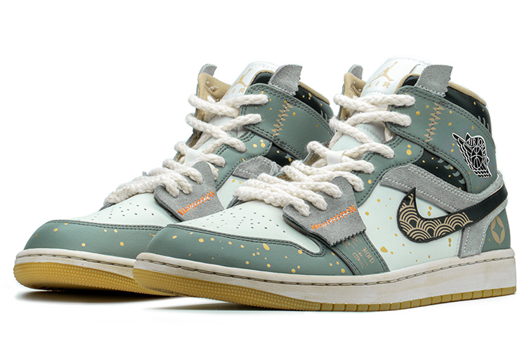 Shop [Sepatu Kustom] Air Jordan 1 Mid 'CNY Tahun Macan Abu Putih' 554724-271(TeamA-恭喜发财S-BOX)