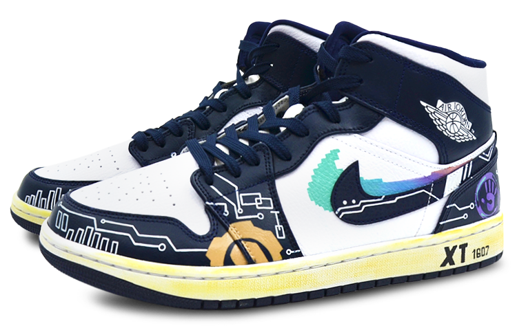 Lookbook 【訂製球鞋】 Jordan Air Jordan 1 Mid 賽博龐克 氧化 像素風 中筒 復古籃球鞋 男款 黑白