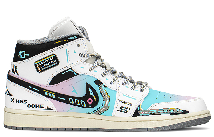 Order 【定制球鞋】Jordan Air Jordan 1 Mid 賽博朋克 機能電玩像素 棉花糖 中幫 復古籃球鞋 男款 藍粉