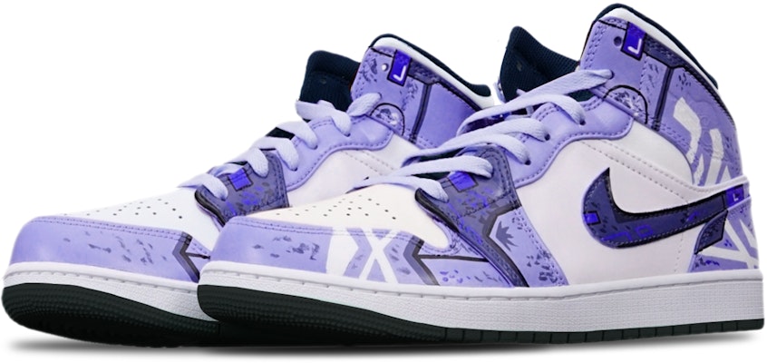 カスタムAJ1ミッド "サイバーパンク 青紫白" 554725-075(TeamT-黑底战损蓝紫女S-BOX) Lookbook カスタムAJ1ミッド "サイバーパンク 青紫白" 554725-075(TeamT-黑底战损蓝紫女S-BOX)