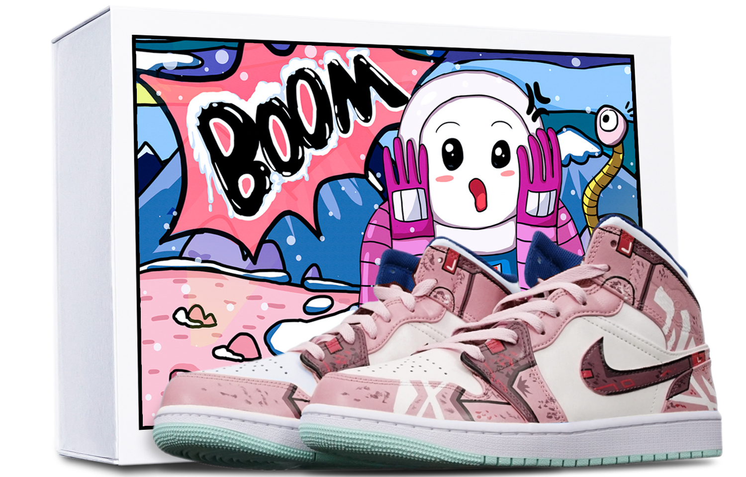 Buy [Kasut Custom] Air Jordan 1 Mid 'Cyberpunk Gundam Mecha Biru Pudina Rosak' 554725-413(TeamT-战损藕白女S-BOX)