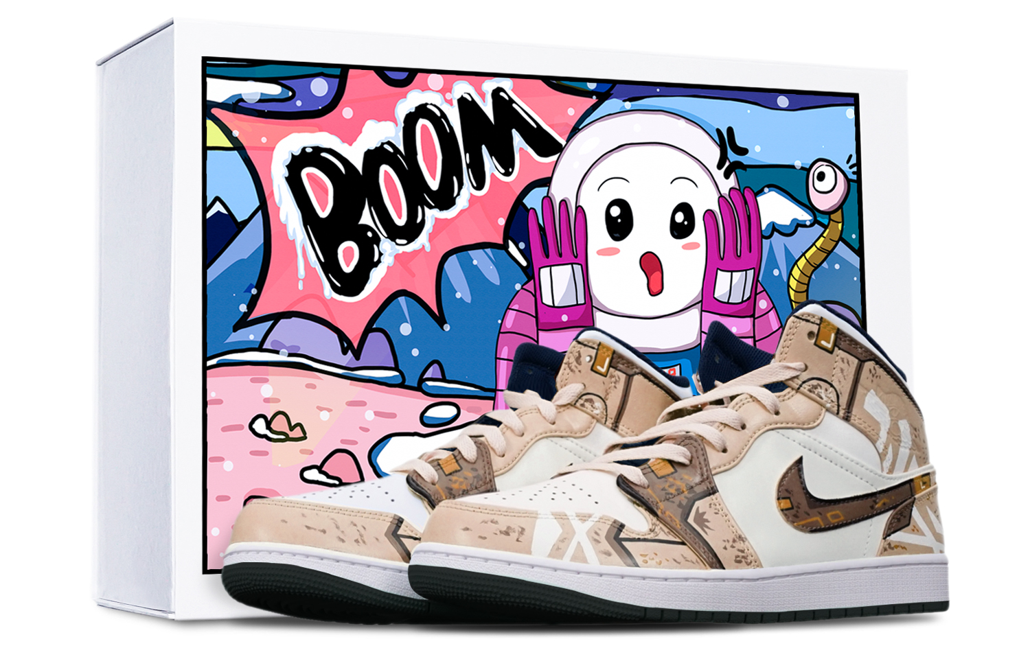 Buy カスタムAJ1ミッド サイバーパンク風カーキ白 554725-075(TeamT-黑底战损卡其女S-BOX)