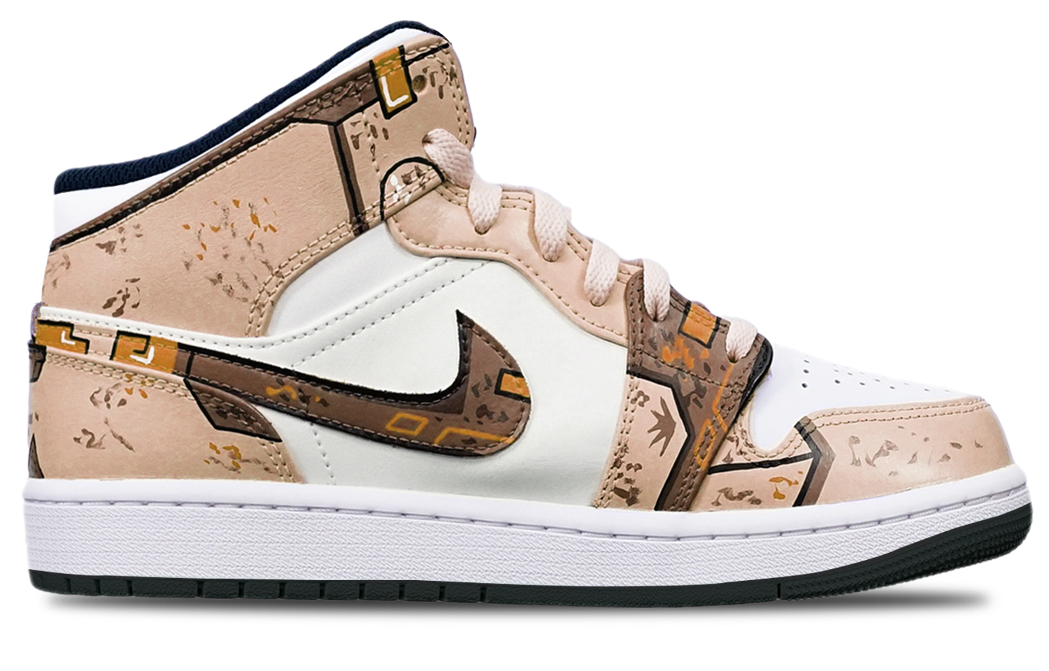 Lookbook カスタムAJ1ミッド サイバーパンク風カーキ白 554725-075(TeamT-黑底战损卡其女S-BOX)