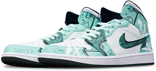 커스텀 에어 조던 1 미드 '사이버펑크 녹백' 554724-075(TeamT-黑底战损绿白S-BOX) Lookbook 커스텀 에어 조던 1 미드 '사이버펑크 녹백' 554724-075(TeamT-黑底战损绿白S-BOX)