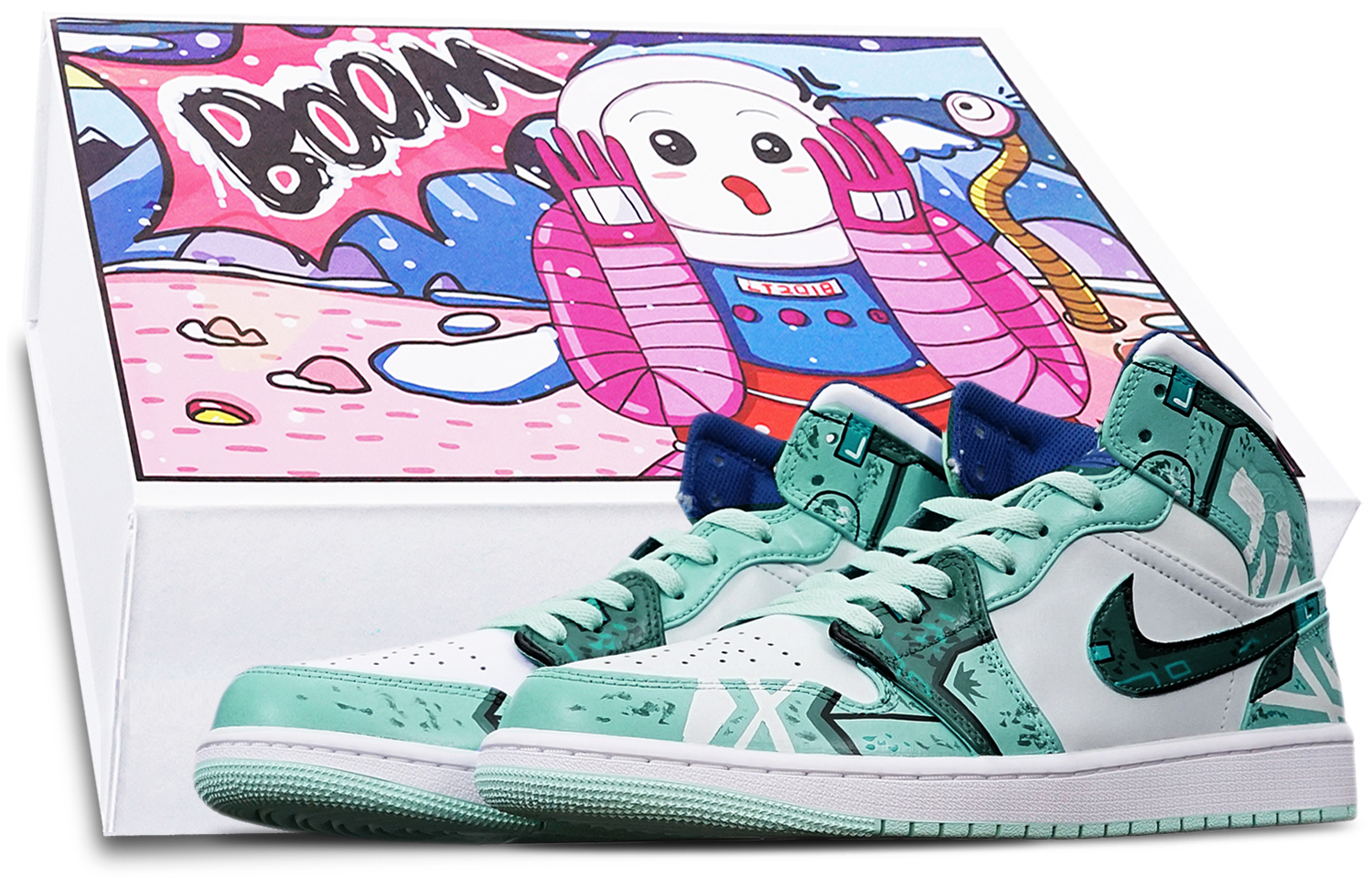 Buy 커스텀 에어 조던 1 미드 '사이버펑크 건담' (54 characters) 554724-413(TeamT-战损机械绿白S-BOX)