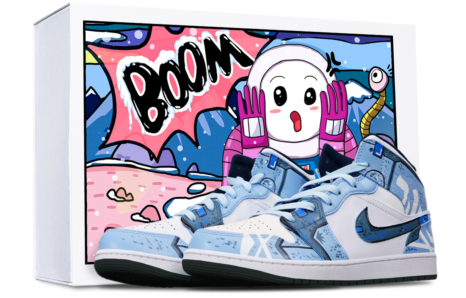 Buy [定制鞋] Air Jordan 1 Mid '赛博朋克高达烟雾蓝' 554725-075(TeamT-黑底战损蓝白女S-BOX