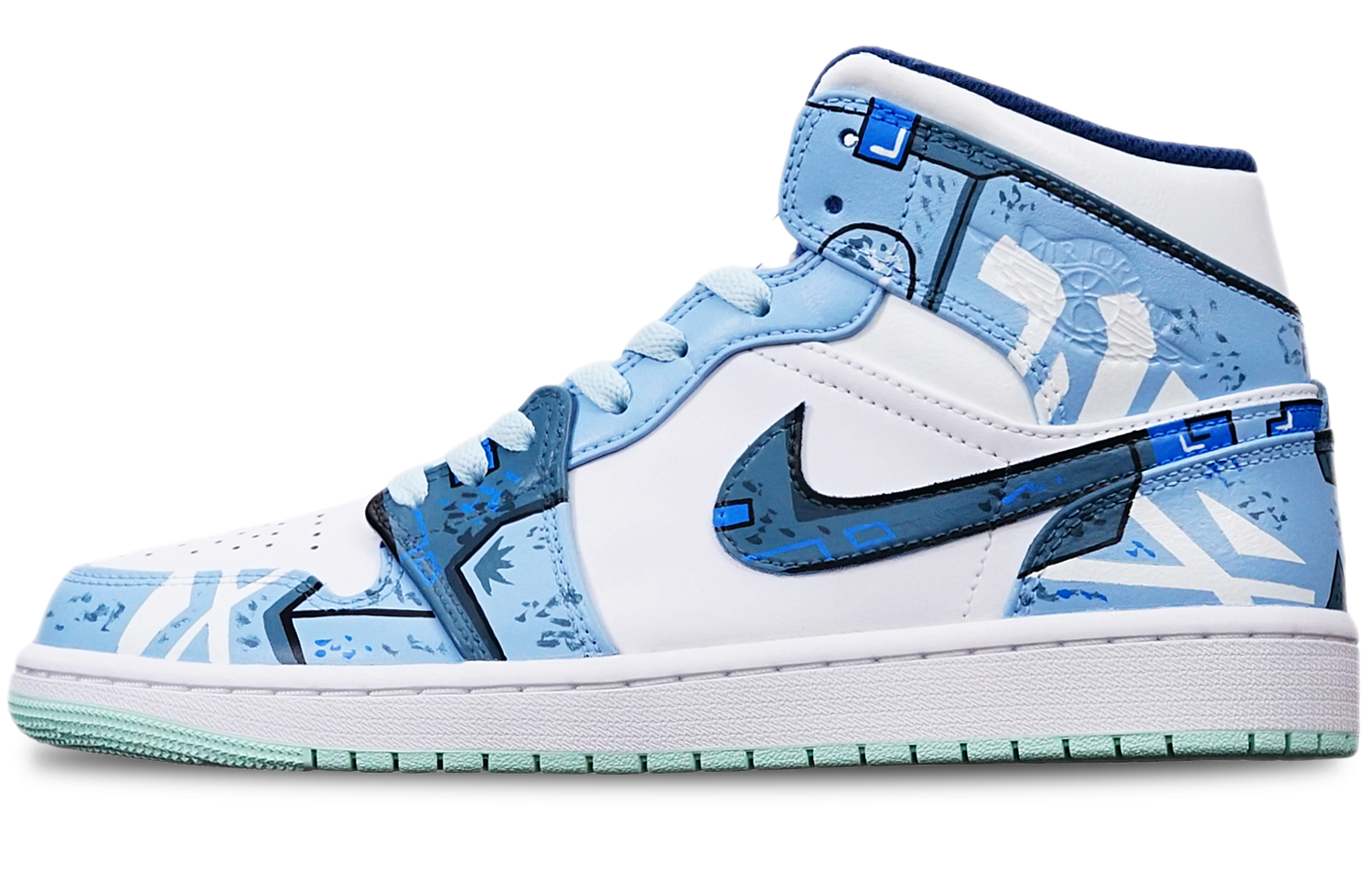 Buy 에어 조던 1 미드 '사이버펑크 건담 스모그 블루' (커스텀) 554724-413(TeamT-战损机械雾霾蓝S-BOX)