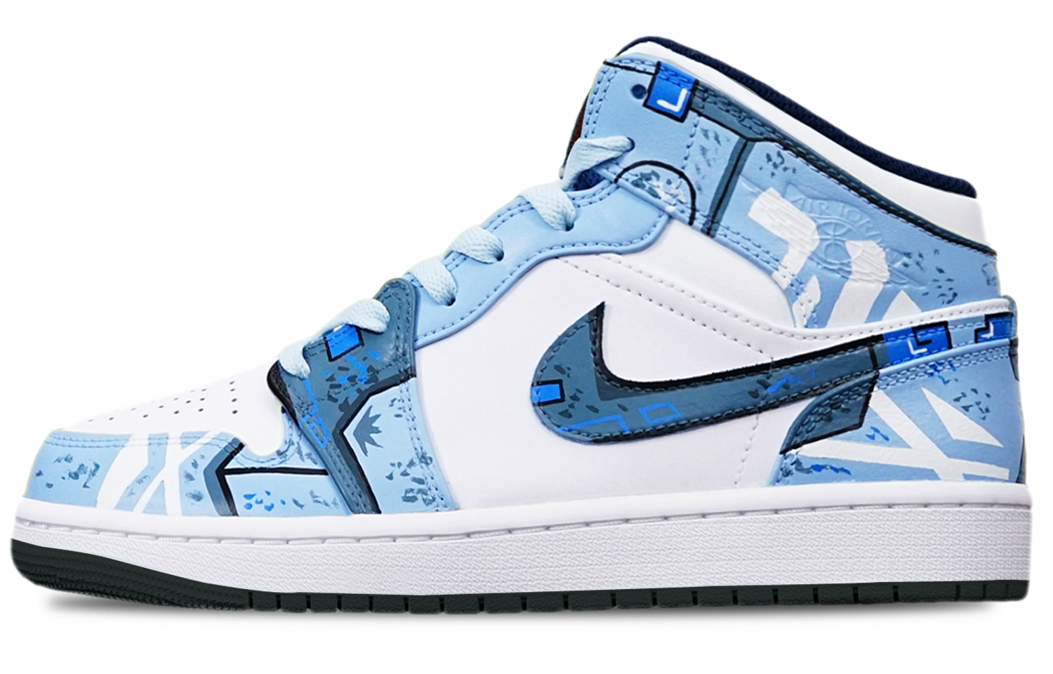 Order [定制鞋] Air Jordan 1 Mid '赛博朋克高达烟雾蓝' 554725-075(TeamT-黑底战损蓝白女S-BOX
