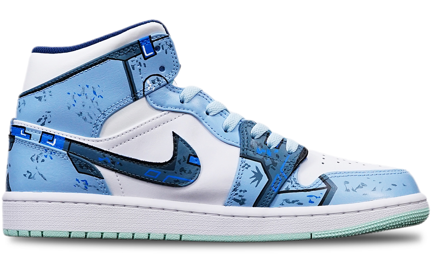 Order 에어 조던 1 미드 '사이버펑크 건담 스모그 블루' (커스텀) 554724-413(TeamT-战损机械雾霾蓝S-BOX)