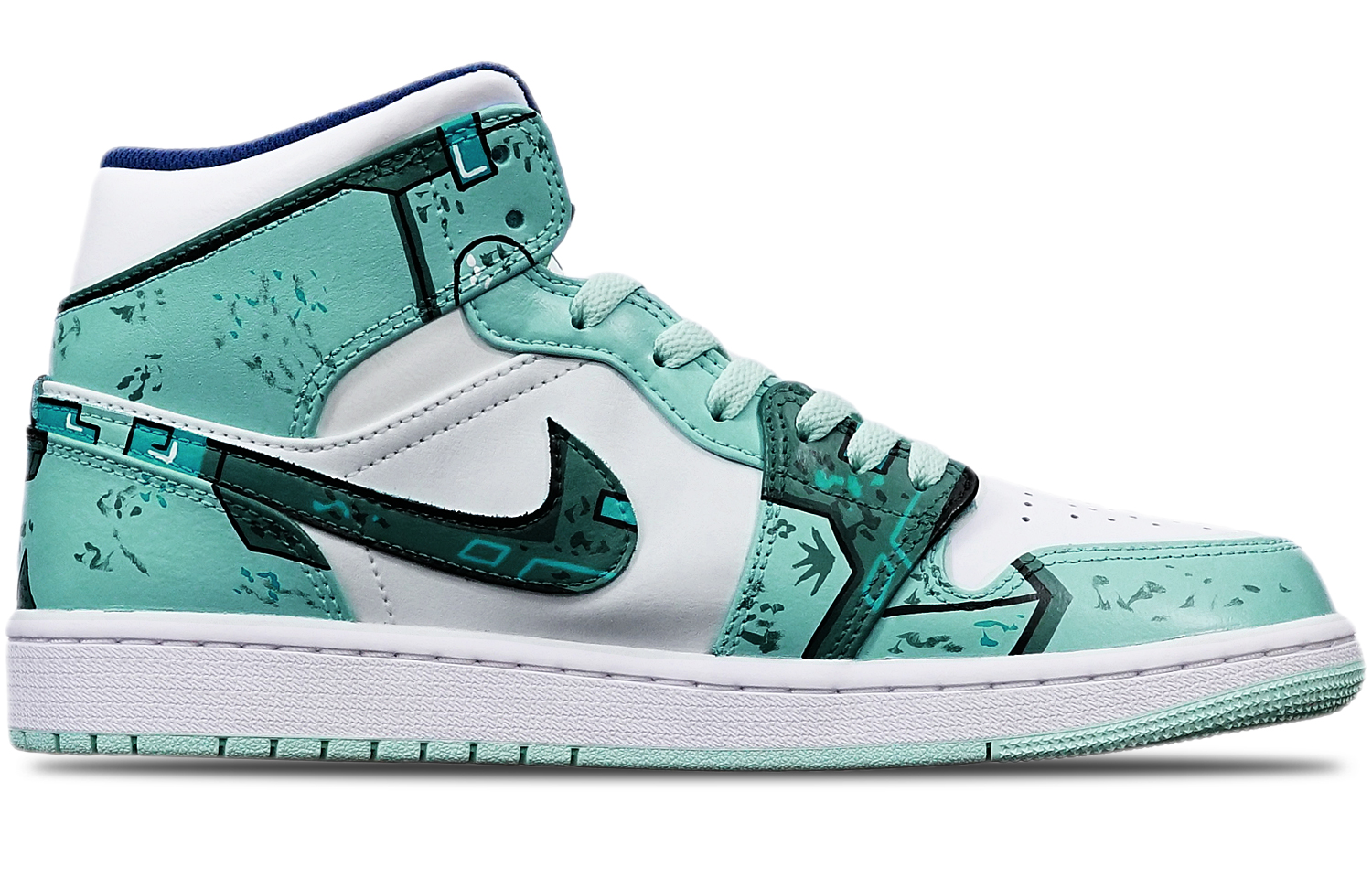 Lookbook 커스텀 에어 조던 1 미드 '사이버펑크 건담' (54 characters) 554724-413(TeamT-战损机械绿白S-BOX)