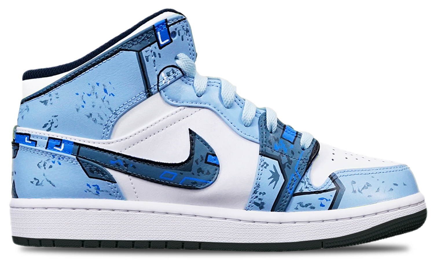 Lookbook [定制鞋] Air Jordan 1 Mid '赛博朋克高达烟雾蓝' 554725-075(TeamT-黑底战损蓝白女S-BOX