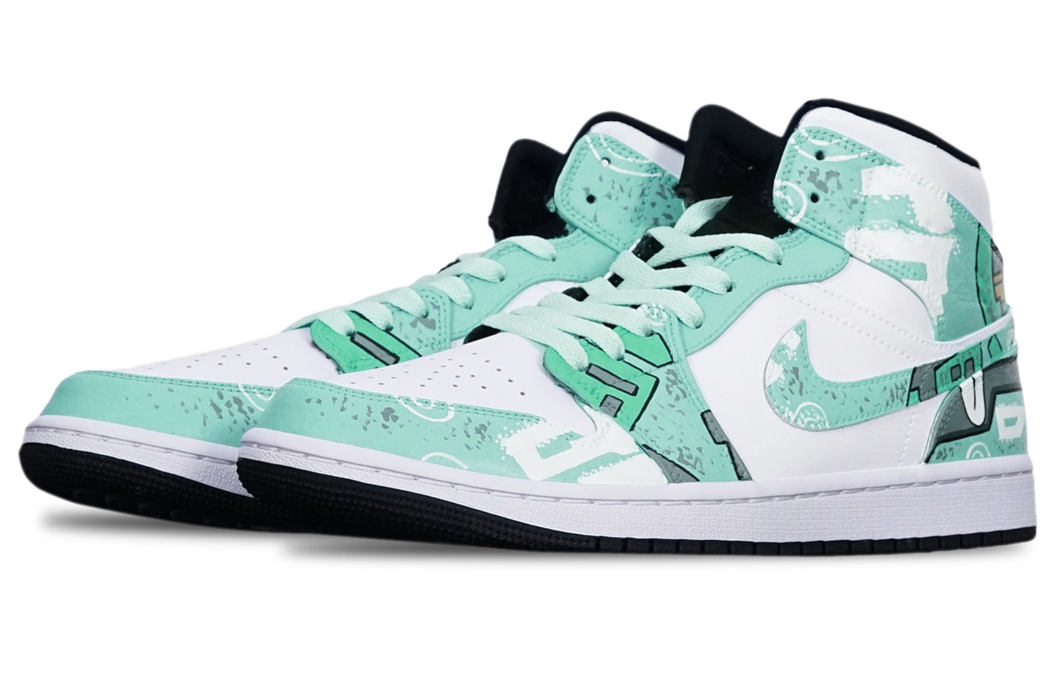 Lookbook [Kasut Custom] Air Jordan 1 Mid 'Cyberpunk Gundam Hijau Putih' 554724-075(TeamT-战损II型绿白S-BOX)