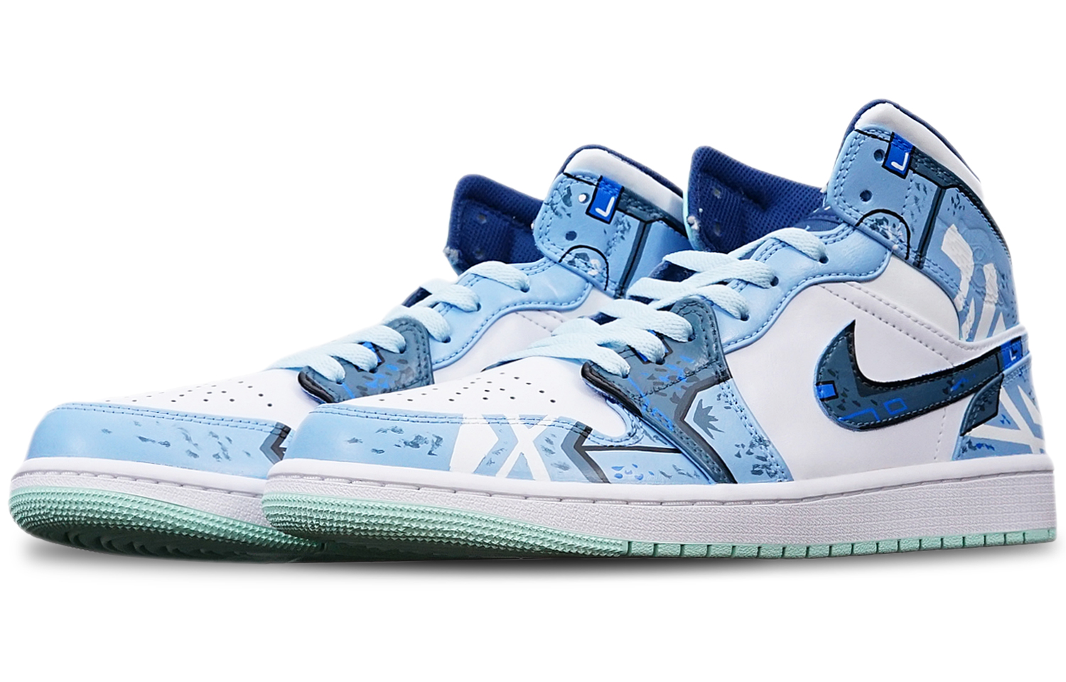 Lookbook 에어 조던 1 미드 '사이버펑크 건담 스모그 블루' (커스텀) 554724-413(TeamT-战损机械雾霾蓝S-BOX)