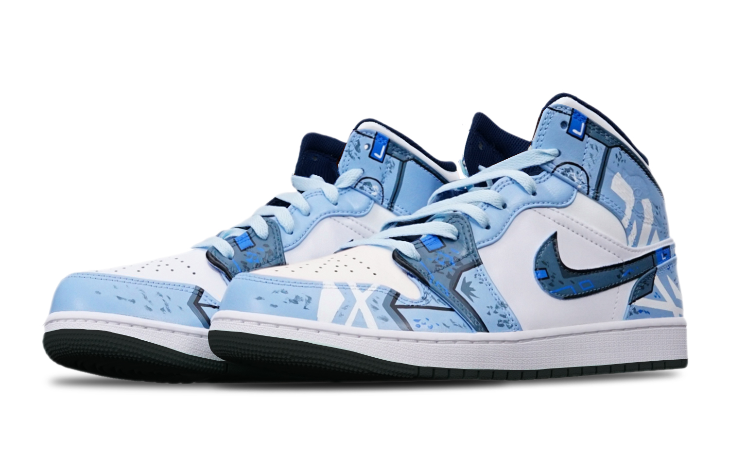 Shop [定制鞋] Air Jordan 1 Mid '赛博朋克高达烟雾蓝' 554725-075(TeamT-黑底战损蓝白女S-BOX