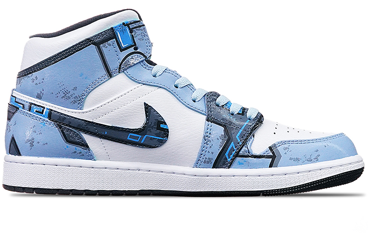 Order [Sepatu Kustom] Air Jordan 1 Mid 'Cyberpunk Island Hijau' 554724-132(TeamT-男款电玩主题雾霾灰白蓝)